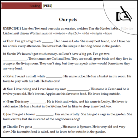 Arbeitsblatt Leseverstehen Klasse 5 - Pets